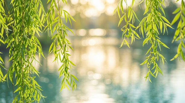 Gentle breeze moving through the leaves of a weeping willow tree.