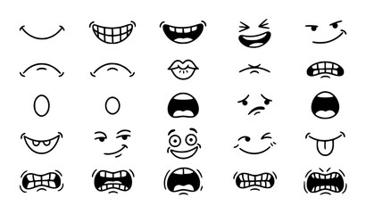 Funny cartoon mouth expression collection with hand drawn smile vector icons © MdAriful