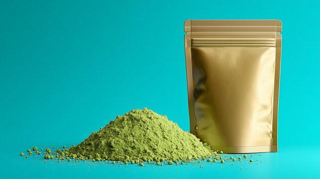 Gold zipper pouch mockup with green powder pile