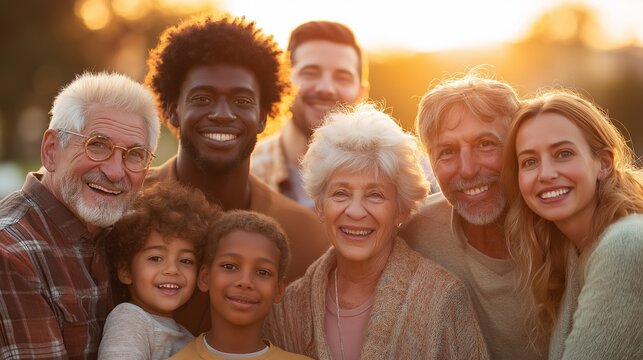 A warm, close-up portrait of a large multi-generational diverse family smiling together outdoors, illuminated by the golden glow of a setting sun in the background