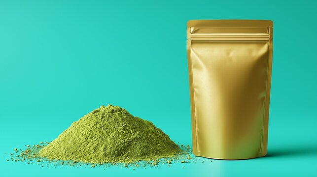 A presentation-ready mockup of a metallic gold pouch, featuring a small heap of green powder scattered nearby