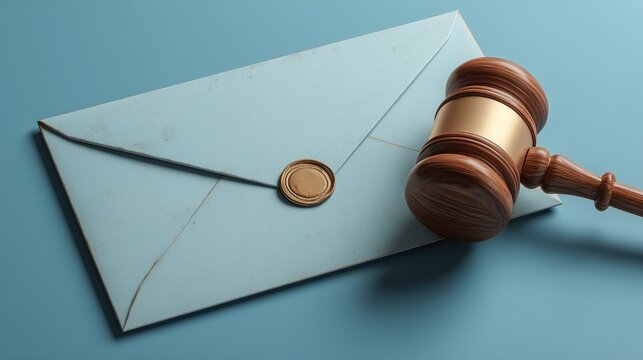 Wooden judge gavel on sealed envelope