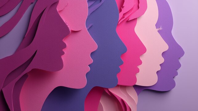 A stylized layered paper cut design featuring colorful silhouettes of women profiles representing female diversity