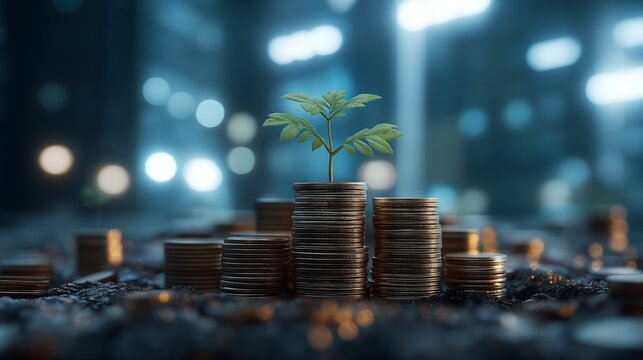 A young green plant emerging from soil surrounded by stacks of gold coins, symbolizing financial growth