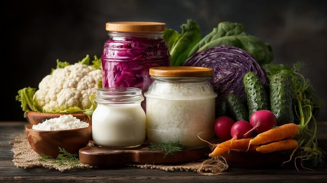 Naturally cultured produce and pickled goods resting on a rustic wooden surface