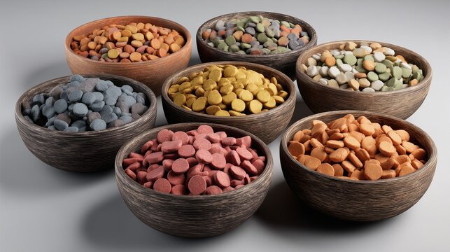 Assorted dry pet food in wooden bowls