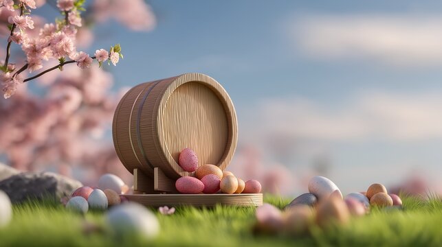 Easter eggs mockup with wooden barrel on spring grass