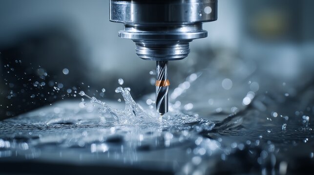 A close-up view of a high-precision CNC metalworking machine process, showing a drill bit cutting through steel with liquid coolant spraying and splashing