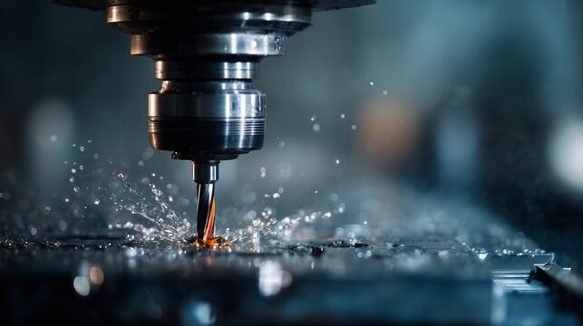 CNC milling machine drilling metal with water coolant closeup