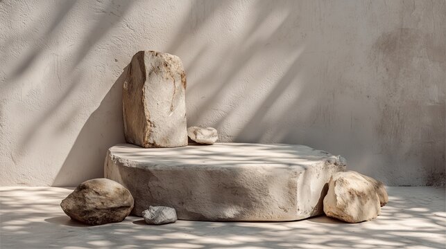 A sleek stone platform mockup positioned in front of a raw concrete surface