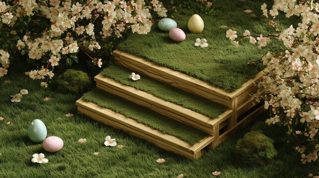 Easter mockup with wooden steps covered in grass