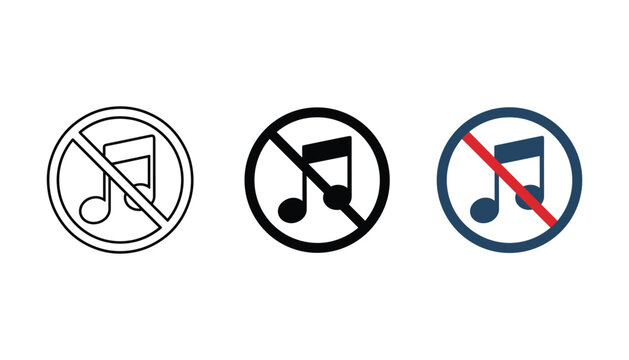 Mute icon set with music note symbol and red strike through line in line art solid black and blue color versions for digital audio player interface design and volume control settings