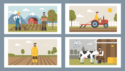 Fototapeta premium Four panels depicting classic farm life activities such as harvesting crops, driving a tractor, and milking a cow.