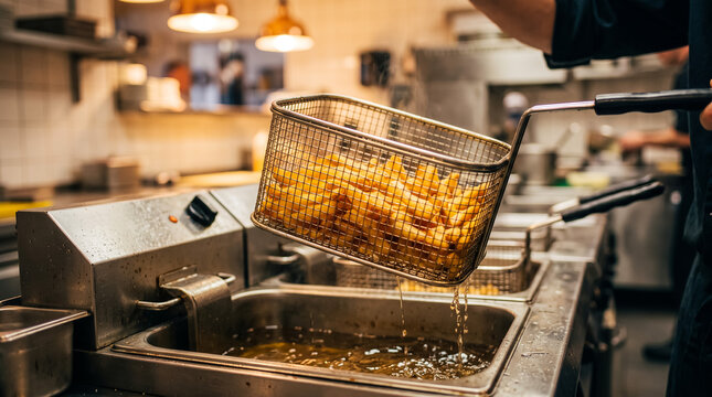 Chef frying french fries in a restaurant kitchen. Professional cook preparing crispy food.