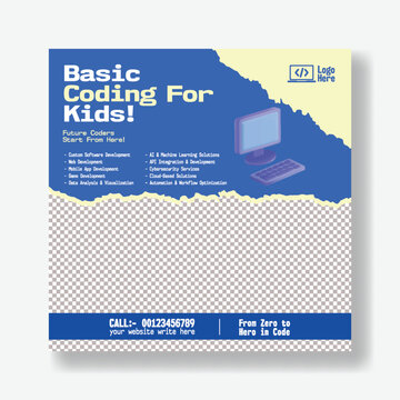 online AI Learning Coding Programming Robotics Social Media Instagram promotional Ads posts Template for Kids Education Technology web Banner Design, Digital STEM Training Course Promotion Template