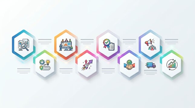 Infographic Components for Corporate Workflow Representation with Eight Sequential Stages and Multicolor Gradient Accents on Clean White Geometric Forms Suitable for Annual Report Visualization and