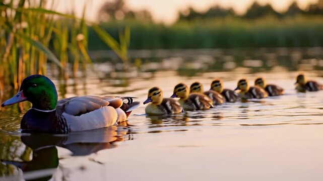 Mallard duck family swimming in a calm lake at sunset.