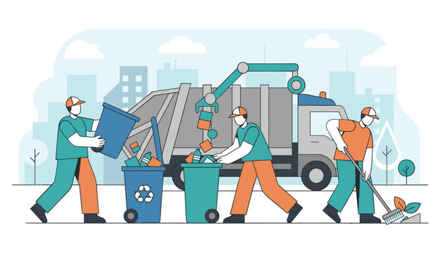 Sanitation workers and a garbage truck cleaning the urban city street and collecting trash in various recycling bins.
