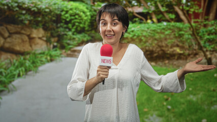 Fototapeta premium Woman holding red microphone with hands, smiling and gesturing beside a park path with trees and rocks on street; informative community update.