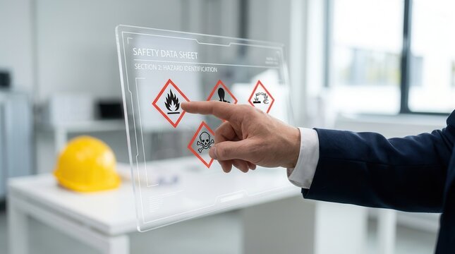 Industrial safety concept showing a hand pointing at hazard warning symbols on a Safety Data Sheet.