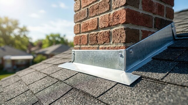 Close-up of a brick chimney and metal flashing installation on asphalt shingles under a sunny sky.
