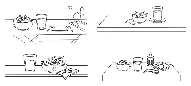 Iftar table settings with dates water and prayer beads in minimalist line drawing style