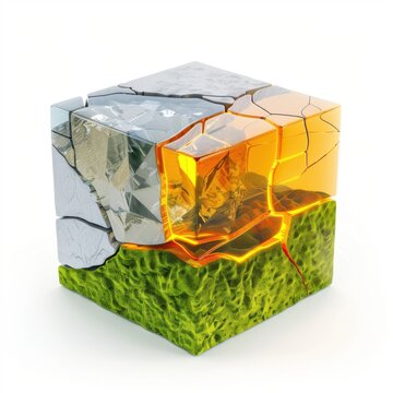 A perfect cube with different textures on each side: green moss, glowing lava, cracked ice, and polished gold, impossible object, pure white background