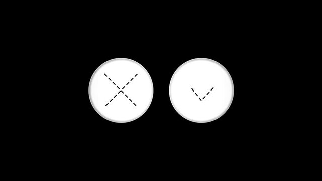 Check mark and cross icon ideal for concept approval or rejection black color animation. Black background 4k video.