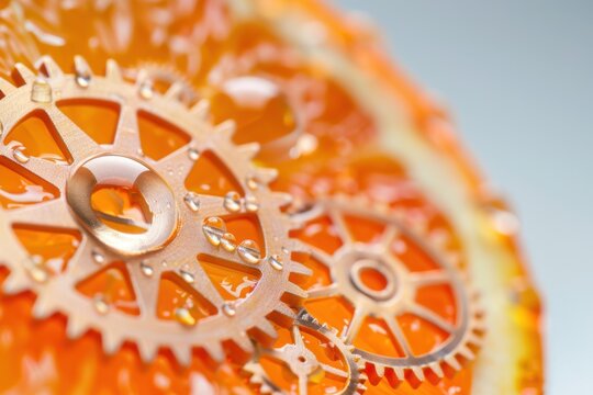 A sliced orange where the inside is made of intricate copper gears and clockwork, metallic juice droplets, macro photography, industrial surrealism