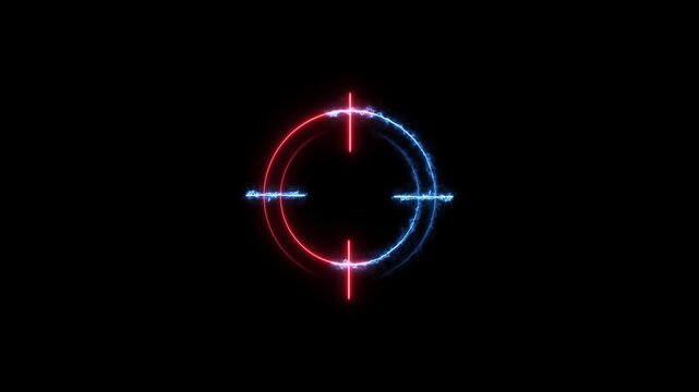 Target icon red color animation. Abstract neon bright military training, military target icon moving concept. Black background 4k video.
