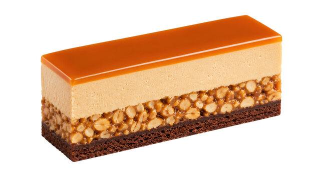 Caramel Layered Mousse Cake Slice with Nuts and Chocolate Sponge