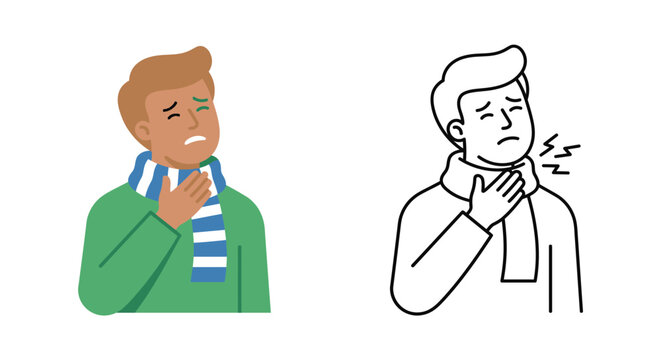 Man Holding Throat In Pain Colorful Illustration And Line Art Version