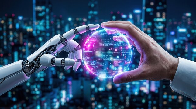 Human and robot hands analyzing complex code anomalies and digital data on a glowing sphere.
