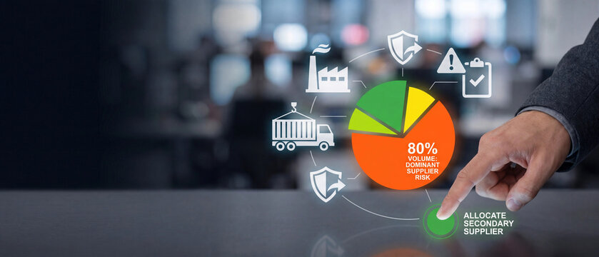 Supply chain risk management concept with pie chart showing dominant supplier risk and button to allocate secondary supplier