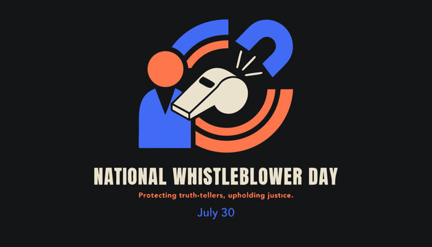 National whistleblower day awareness poster design with whistle icon with graphic design poster featuring stylized person blowing whistle black background