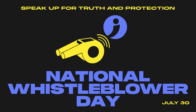 National whistleblower day poster with yellow whistle graphic with icon black background illustration protection typography minimalist awareness