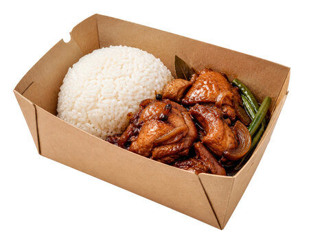 Chicken Adobo with Rice in Takeout Box Isolated