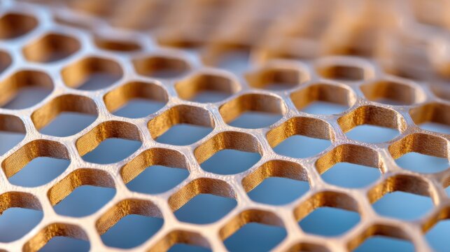 Extreme macro of a ceramic honeycomb air filter for urban smog, intricate microscopic lattice, iridescent nano coating, industrial design, dramatic side