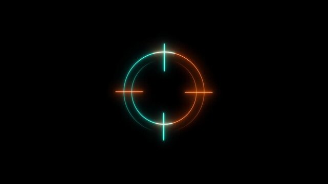 Target icon orange color animation. Abstract neon bright military training, military target icon moving concept. Black background 4k video.