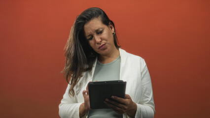 Woman holding tablet with hand on head and frowning in studio while reading and tapping the touchscreen  frustration. © Krakenimages.com