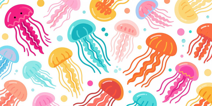 A repeating pattern of cartoon flat jellyfish in various colors surrounded by small circles on a white background.