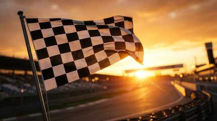 Obraz premium Race car rally finish line with a chequered flag against a sunset sky.
