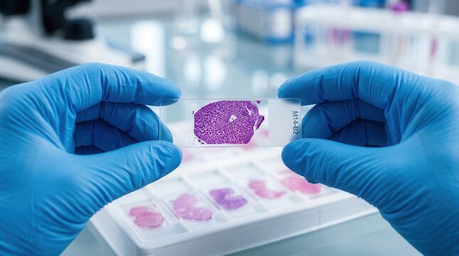 Medical laboratory professional inspecting purple stained cells on a histology slide during research.