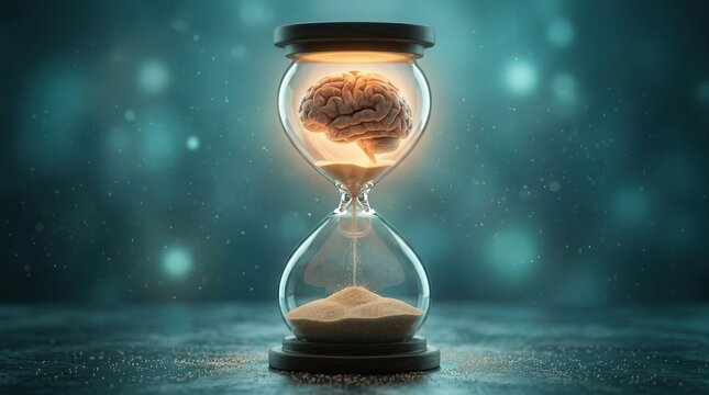 Symbolic representation of thoughts and ideas using an hourglass with a brain and flowing sand.