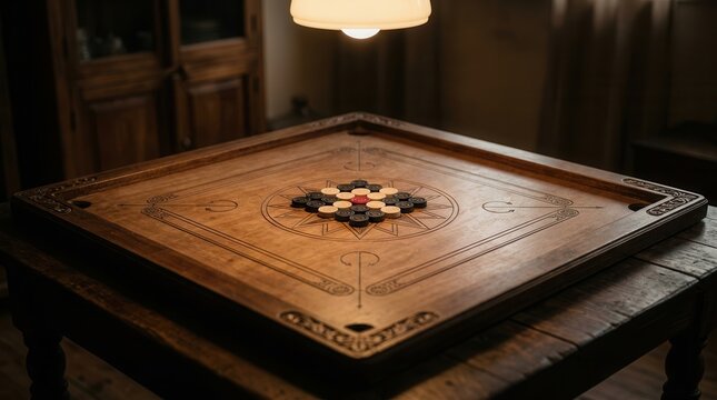 Authentic carrom board game with wooden pieces and star pattern design in warm atmosphere.