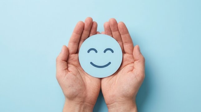Positive thinking and emotional wellness illustrated by hands holding a blue smiley face cutout.