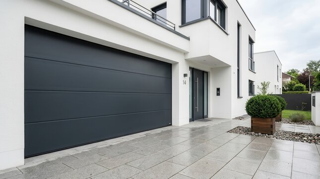 Contemporary residential architecture showing a dark grey garage door and front entrance.