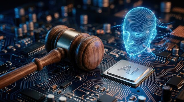 Legal compliance and data protection concept with a wooden gavel and artificial intelligence chip.