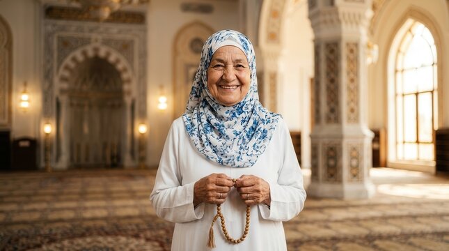 Senior Muslim woman in white hijab holding wooden prayer beads inside an ornate mosque interior.