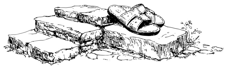 Naklejka premium Leather sandals sitting on ancient stone steps in hand drawn sketch style
